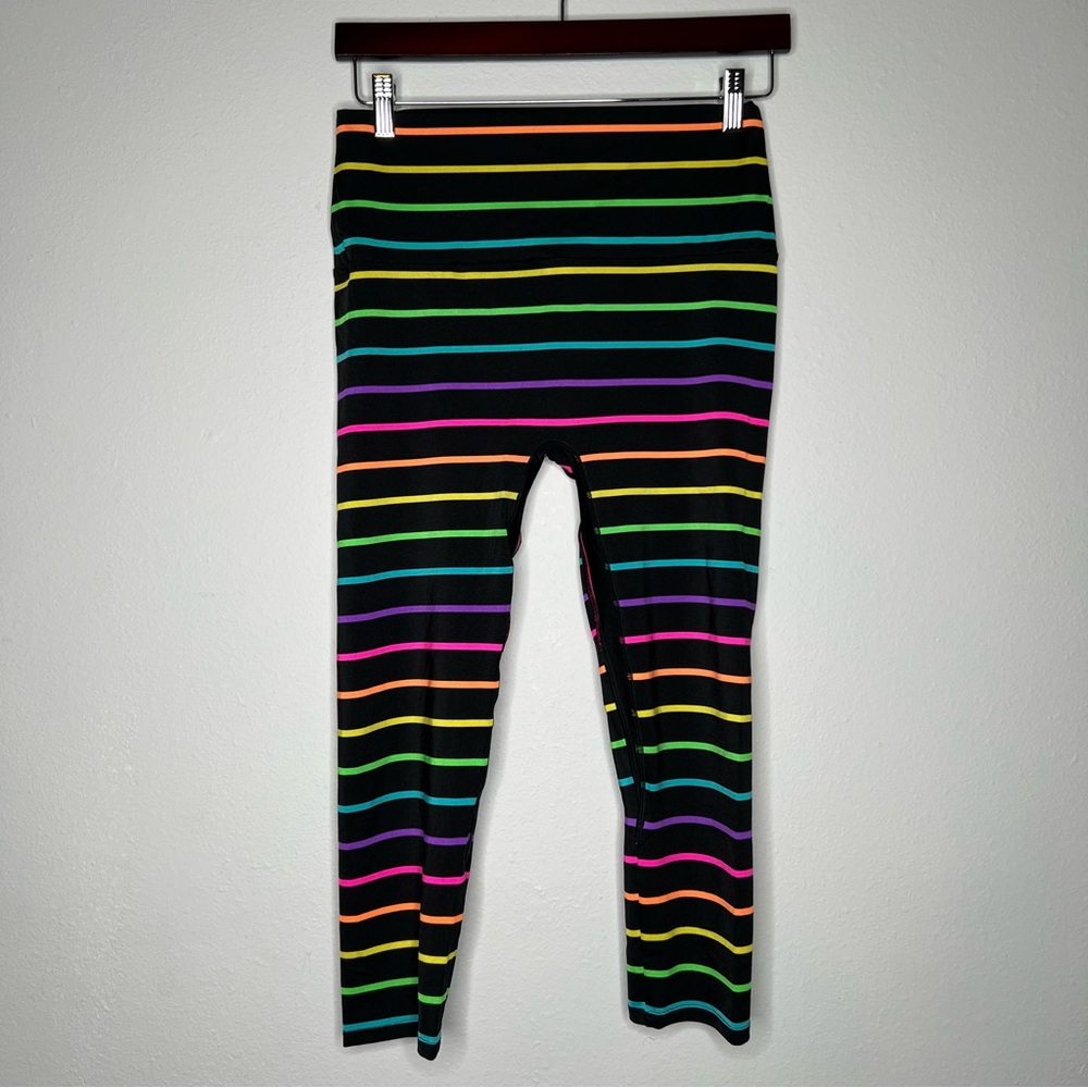 K-DEER Neon Rainbow Striped Capri Womens Sz XL Mudrun Funrun Gym Paddle Board